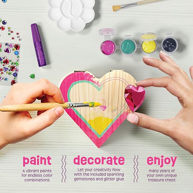 Pretty Me Paint Your Own Wooden Kids Heart Treasure Box Kit - Basket Stuffers - Art Kits for Toddler Girl - Arts and Craft Gifts for Ages 4-6 Year Old Girls - DIY Jewelry - Toys - Crafts Painting Gift