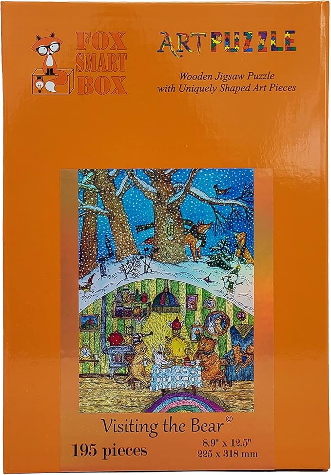 Wooden Jigsaw Puzzle for Adults - Uniquely Shaped Pieces - Made in The USA by FoxSmartBox - 195 Pieces - Visiting The Bear