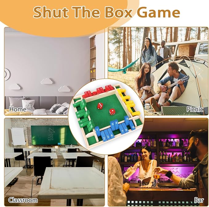 2 Pcs Shut The Box Game Wooden, Close Shut The Box Game for 2-4 Player Adults, Math Sequence Dice Plunder Board Games with 16 Dice, 4-Sided 10 Number Table Games for Family Classroom Home Party Pub