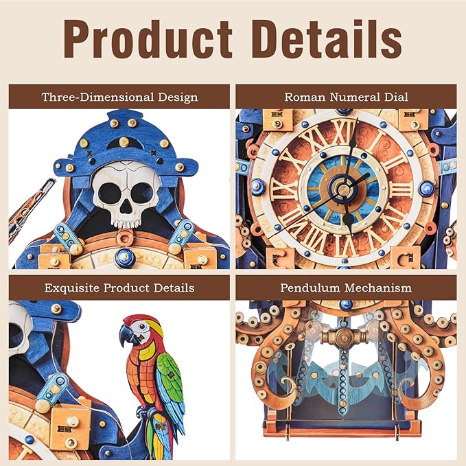 KAAYEE Octopus Pirate Skull Wooden Clock 3D Wooden Puzzle Kit – Steampunk Mechanical Wall ClockDIY Assembly Model – Wooden Puzzles Quartz Timepiece by KAAYEE