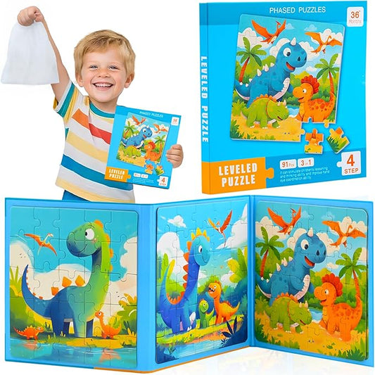 Dinosaur Puzzles Toys for Kids Ages 3-5, Magnetic Jigsaw Puzzles 3 Pack 25/30/36 Piece Travel Toys with Storage Bag,Dino Puzzles for Kids Birthday for 3 4 5 Year Old Boys Girls