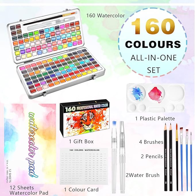 Gunsamg Watercolor Paint Set, 160 Vibrant Colors in Portable Travel Box with Palette, Perfect Watercolor Kit for Artists, Beginners, Adults - Non-Toxic Art Supplies Gift