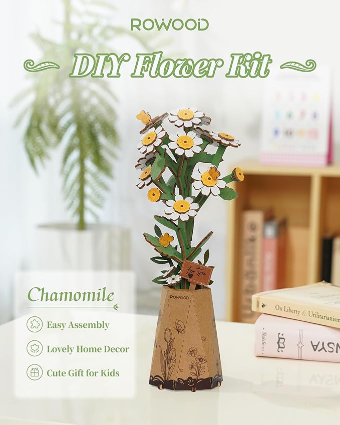 rowood 3D Puzzle Wooden Flower,DIY Flower Building Block Set Craft Kit for Kids,Mother's Day/Valentine's Day/Teacher's Day/Thanksgiving/Christmas/Birthday Gift for Mom/Grandma-Chamomile