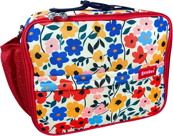 Yumbox Kids Lunch Bag, Holds Lunch Box and Water Bottle, 3 Ways to Carry, Zip Closure, Inside Zipper Netting, Wipe Clean Fabric with EVA lining for extra insulation, Poppy Flowers