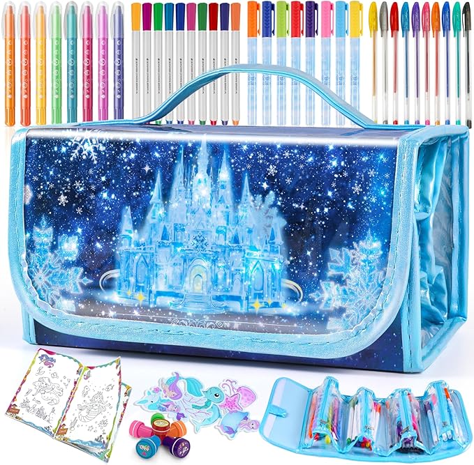 weirtoya 56 PCS Washable Scented Markers Set with Glitter Pencil Case, Mermaid Unicorn Arts and Crafts for kids 4-6-8 Kids Coloring Drawing Kits for 4-8 Years Old Girls Birthday Gifts