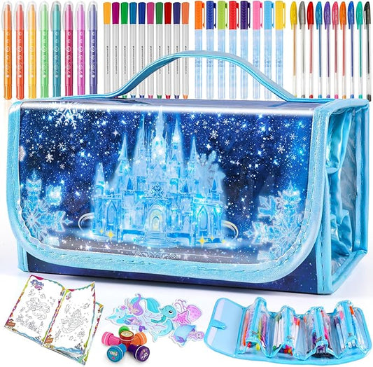 weirtoya 56 PCS Washable Scented Markers Set with Glitter Pencil Case, Mermaid Unicorn Arts and Crafts for kids 4-6-8 Kids Coloring Drawing Kits for 4-8 Years Old Girls Birthday Gifts