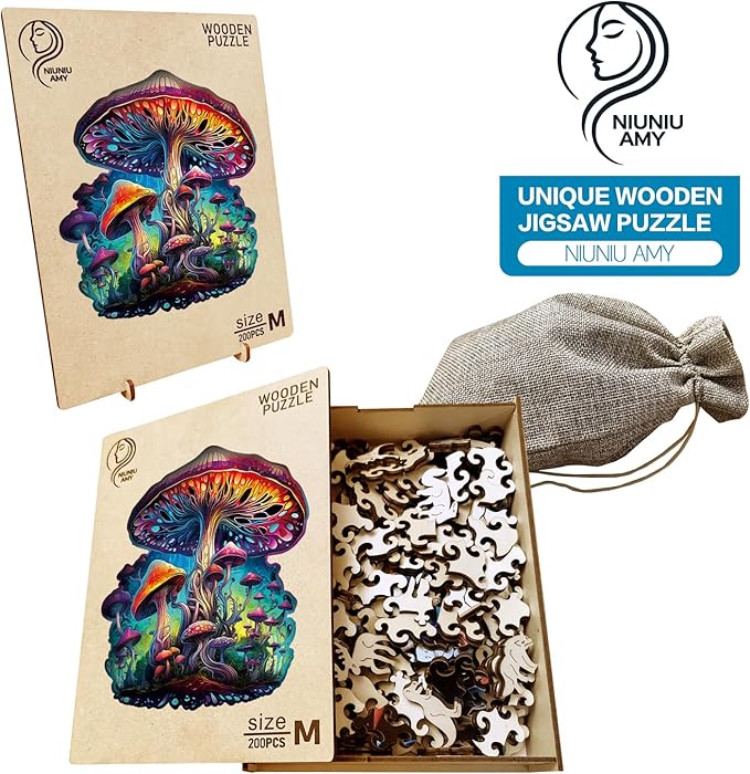 Wooden Jigsaw Puzzle for Adults,Magical Mushrooms Wood Puzzles 200 Piece,Thanksgiving Birthday Gifts Family Game,Unique Shape Puzzle Challenge 11 x 11 Inch