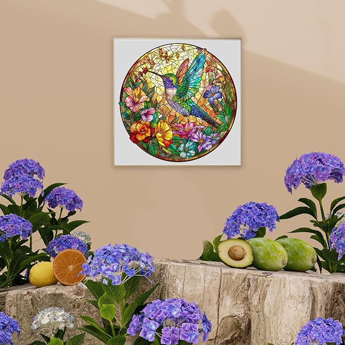 Wooden Puzzle for Adults, Stained Glass Hummingbird Puzzle, Unique Animal Shape Puzzles, Wooden Jigsaw Puzzles for Adults, Thanksgiving for Family Friend (S-8.5 * 8.5in-100psc)