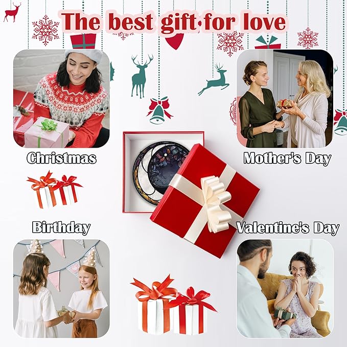 Stained Glass Window Hanging - Black and White Moon Sun Catcher for Door Terrace Garden Home Decor, Abstract Plant Flower Suncatcher Birthday Gifts for Lovers Women Men Dad Mom Nana 7.8 in