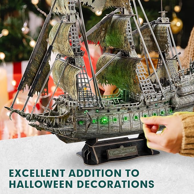 CubicFun 3D Puzzles for Adults Green LED Flying Dutchman, 360 Pieces Pirate Ship Arts & Crafts for Adults Gifts for Men Women Model Kit, Lighting Ghost Ship Easter Gifts Father's Gift