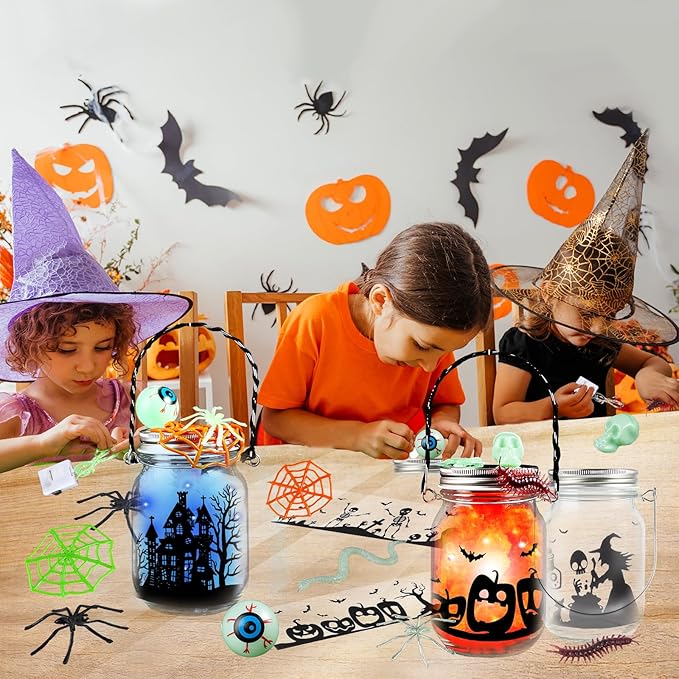 SpringFlower Halloween DIY Arts and Crafts Kits,12 Pcs Glass Mason Jar with Accessories for DIY Lantern Jar, Art & Craft Party Supplies for Classroom Kids