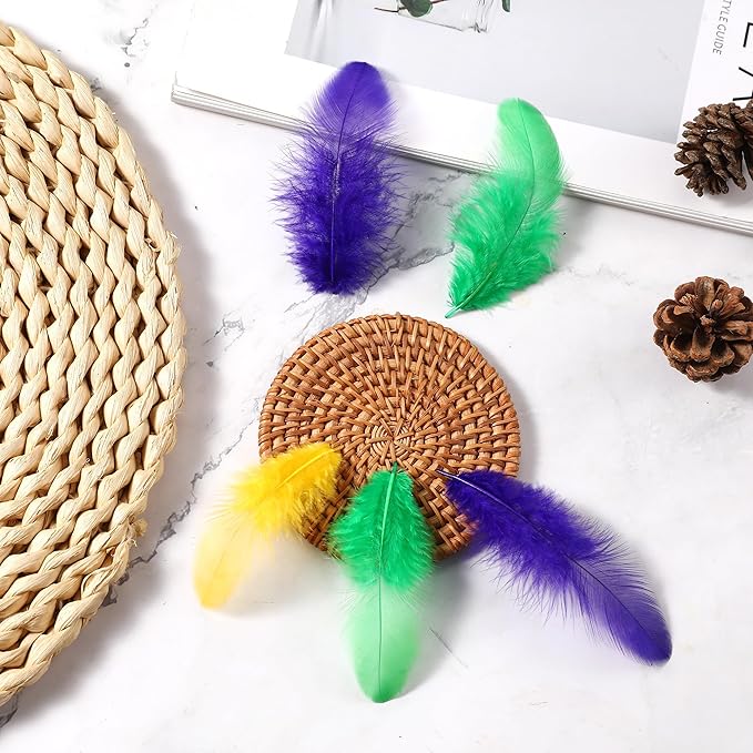 Soarer 300pcs Mardi Gras Feathers for Crafts - 3-5inch Feathers Bulk for Wedding Home Party, Dream Catcher Supplies and DIY Crafts(Mardi Gras)