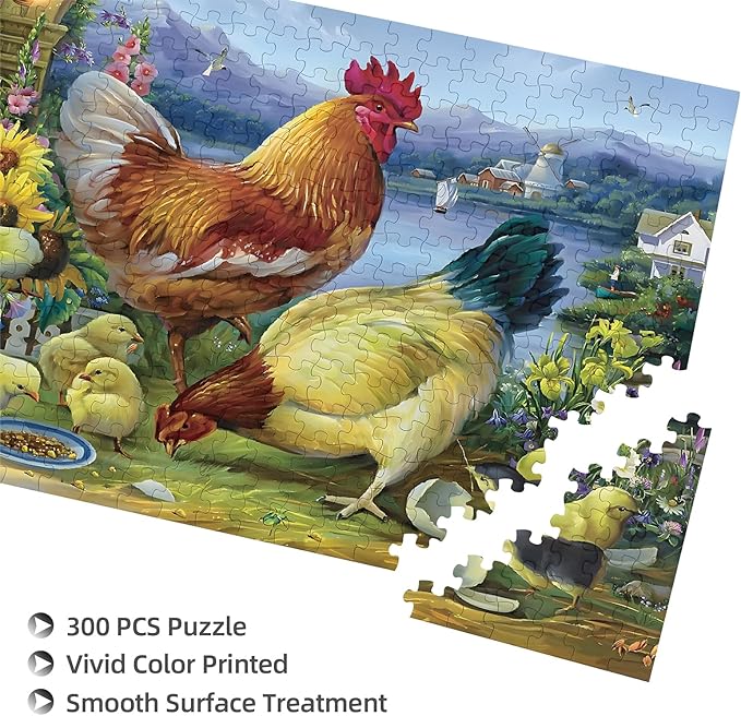300 Big Pieces Puzzle.The Rooster Family.Wooden Puzzle, Stress Relief Toys Children's Learning Supplies Toys Parenting Games Gifts Jigsaw Size: 20.5x15 inches and 1:1 Original Picture Poster