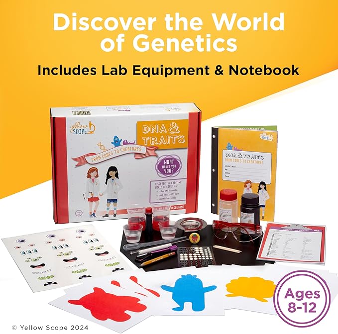 Genetics Science Kit - DNA & Traits Kit, Metal Lab Tools, Ages 8-12 - Hands-On STEM Science Experiment & Educational Toy - Genetics Lab Setup