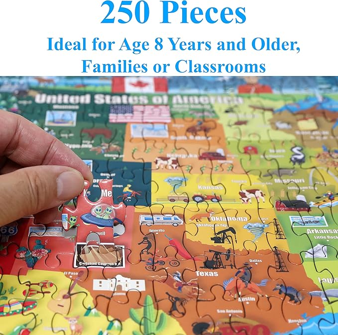 Think2Master United States Map 250 Pieces Jigsaw Puzzle Fun Educational Toy for Kids 8-10 10-12, School & Families. Great Gift for 8+ to Stimulate Learning of USA. Size: 14.2” X 19.3”