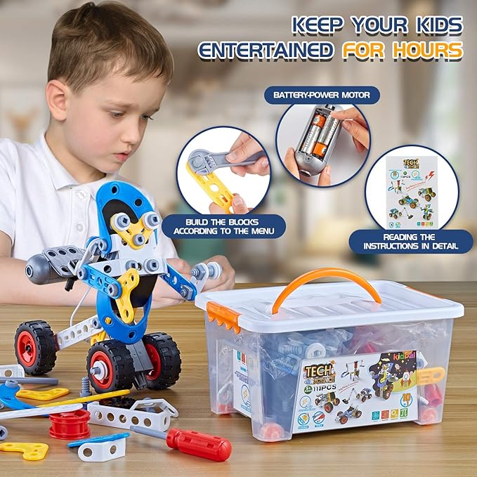 Erector Set for Boys 6-12, Building Toys for Kids Ages 4-8, 5 in 1 STEM Toys Ages 4-7 with Electric Power Motor, Construction Toys for Age 5 7 8 9 Years Old, 113 PCS DIY
