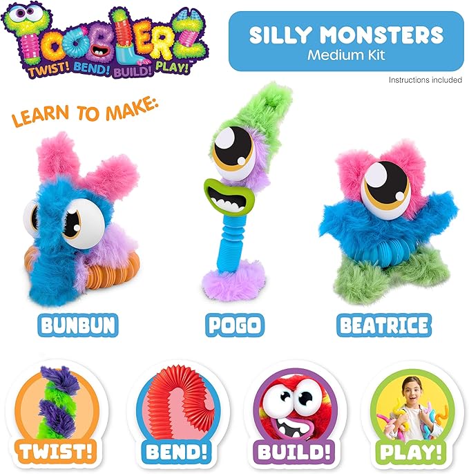 WeVeel TOOBLERZ Silly Monsterz Medium Set – 12-Piece Mix-and-Match Craft Kit for Kids – Includes Fuzzy Chenille Sticks, Fidget Tubes & Character Accessories – Creative Toy for Ages 6+