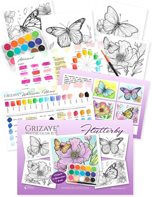 Flutterby Watercolor Kit – 4 Butterfly Pre-Printed Painting Projects for Artists, Beginners, or Groups - Includes 140lb Paper, Paint, Brush & Guide – Perfect for Travel or Home DIY Art