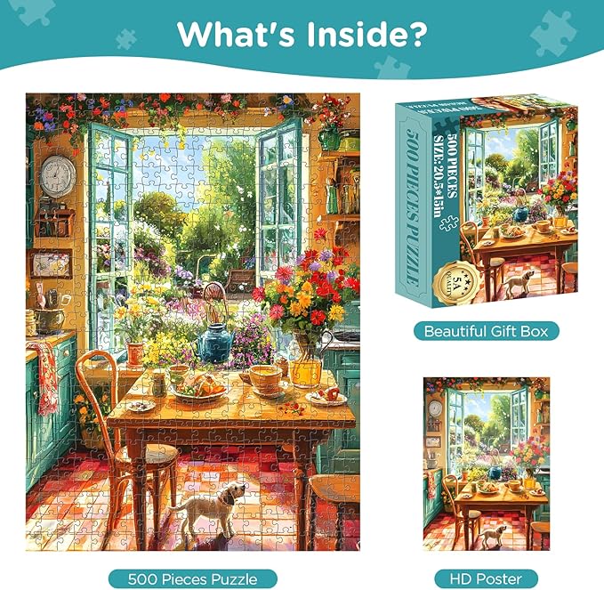 500 Piece Puzzle for Adults, Cozy Kitchen and Garden View Jigsaw Puzzle, Colorful Puzzles with Flowers, Sunshine and Dog, Relaxing Gifts for Adults, Seniors and Kids, Finished Size 20.5”x 15”