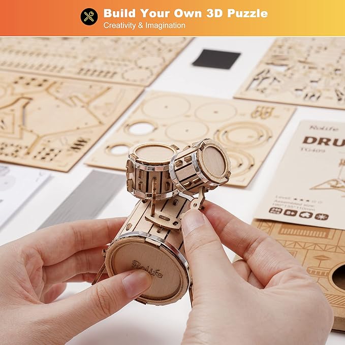 Rolife 3D Wooden Puzzles Model Kit for Adults and Teens to Build Musical Instrument Series (Drum kit)