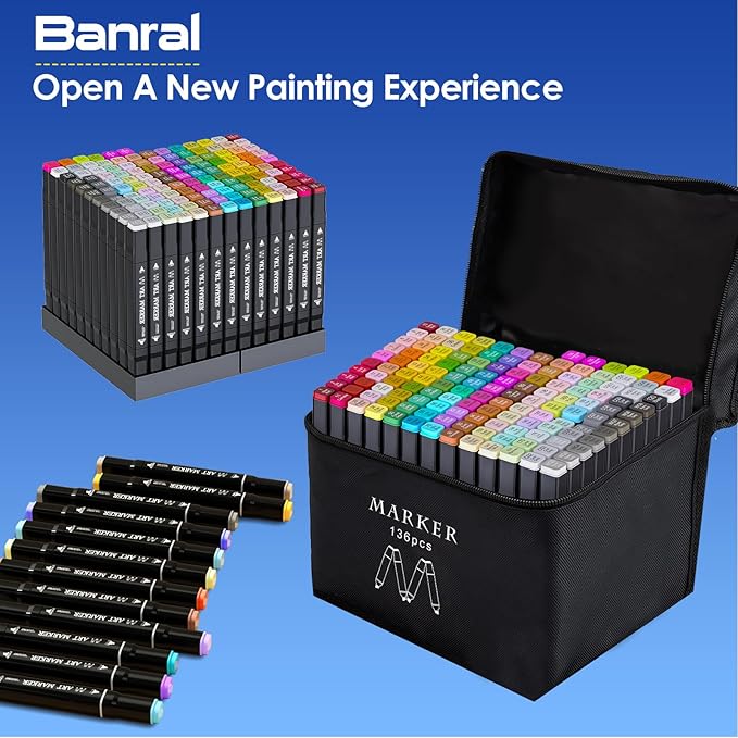 Banral Alcohol Markers Set, 136 Colors Dual Tip Alcohol Based Art Marker for Artists, Permanent Drawing Pens for Adult Coloring Sketching Illustration with Case and Holders