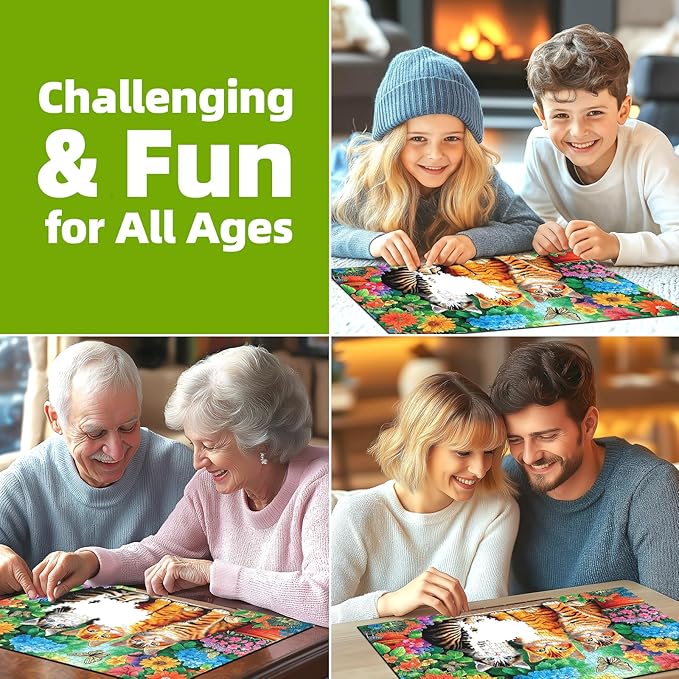 Garden Cats 1000 Piece Jigsaw Puzzle for Adults Colorful Floral Landscape with Butterflies Flowers Cute Fun Kittens Challenging Art Puzzle Home Decor Gift 27.6x19.7