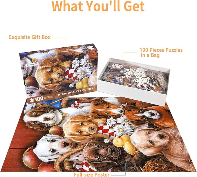 100 Piece Puzzles for Kids Dog 100 Piece Puzzles for Adults, Puppy Group Photo 100 Pieces Puzzle for Kids Ages 4-8, Dogs Selfie Puzzle for Seniors Teens Brain Teaser