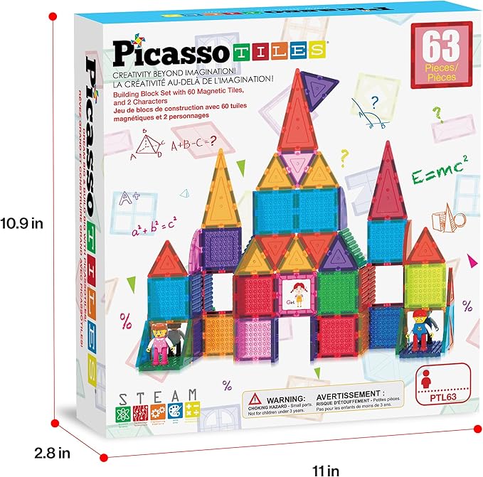 PicassoTiles 63pc Magnetic Tile Building Block Set with 2 Character Figures STEM 3D Construction Educational Toy for Kid Toddlers Boys Girls Age 3 Plus Montessori Learning Playset Creativity Kit PTL63