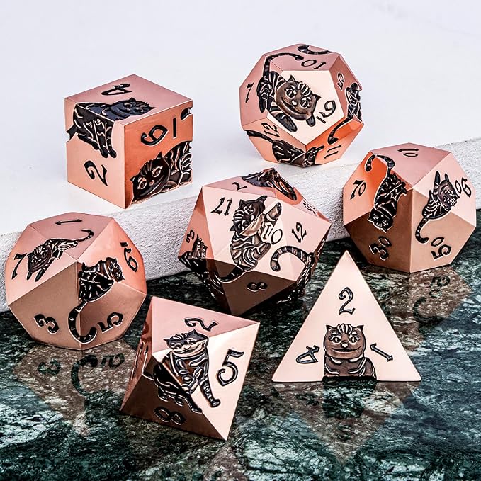 Metal DND Cat Dice 7PCS Polyhedral RPG Dice Set with Gift Case for Dungeons Dragons Role Playing Game, D and D Dice D6 D8 D10 D12 D20 D% (Copper Black)