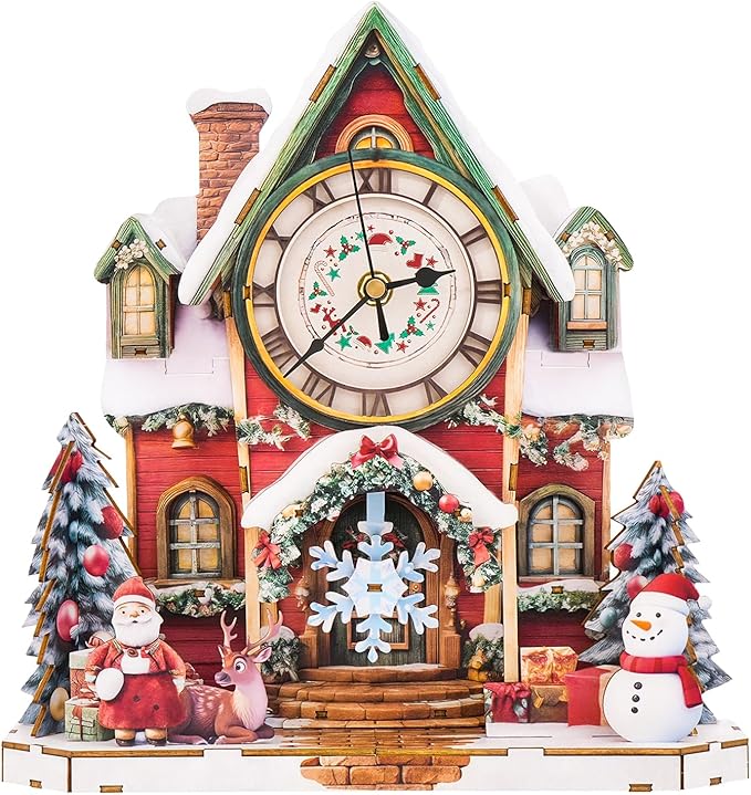 3D Puzzles for Adults Clock-Christmas House Design Model Kit-Mechanical DIY Pendulum Clock with Roman Numerals-Desk Home Office Decor Personalized Gift for DIY Lovers