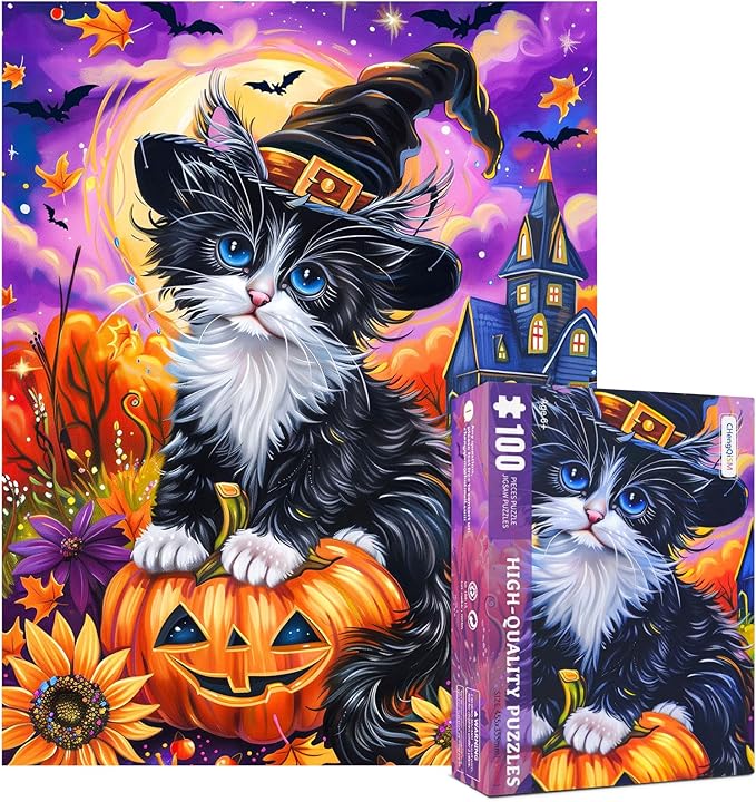 100 Piece Puzzles for Kids, Halloween Cat 100 Piece Puzzles for Adults, Cute Kitten Halloween 100 Pieces Puzzle for Kids Ages 4-8, Jigsaw Puzzle for Seniors Teens Brain Teaser