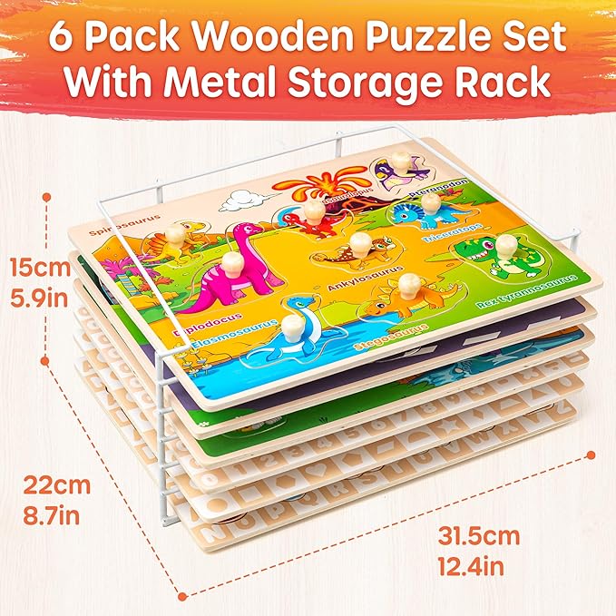 SYNARRY Wooden Puzzles for Toddlers 1-3, 6XSET Puzzles for Toddlers 2-4 with Rack, Learning Alphabet Number Shape Animal Dinosaur Vehicle, Education Toddler Puzzles Toys Gifts for 2 3 Years Boys Girls