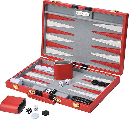 Get The Games Out Top Backgammon Set - Classic Board Game Case - Best Strategy & Tip Guide - Available in Small, Medium and Large Sizes (Red, Medium)