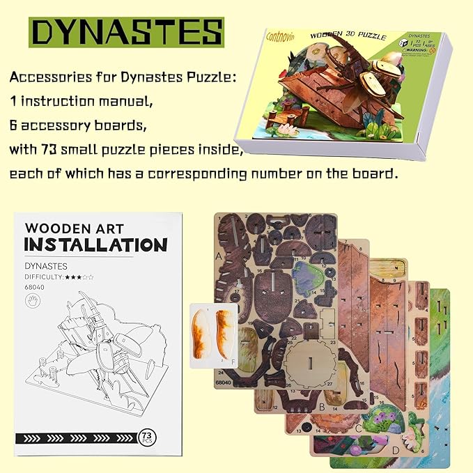 3D Wooden Puzzle for Adults, Teens and Kids - Contnovin 3D Dynastes Puzzle,73 Pieces DIY Model Building Kit, Creative Craft Decor, Relaxing Desktop Ornament, Unique Gift for Birthday and Christmas