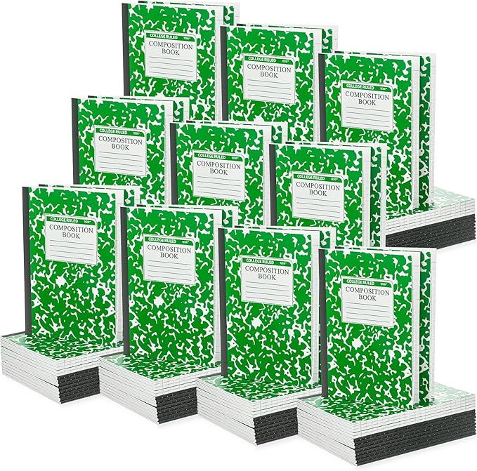 Fainne 100 Pack A5 Composition Notebooks Bulk College Ruled Composition Notebooks Marble Covers Notebook for Student Classroom Office Supplies 30 Sheet/60 Page(Green)