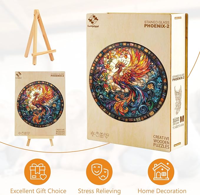 Wooden Puzzles for Adults, Stained Glass Phoenix-2 Unique Shaped Wood Puzzles Adult, Wooden Jigsaw Puzzles for Adults Kids, Creative Birthday Gifts for Friends Family Game (11.4 * 11.4in 200pcs)
