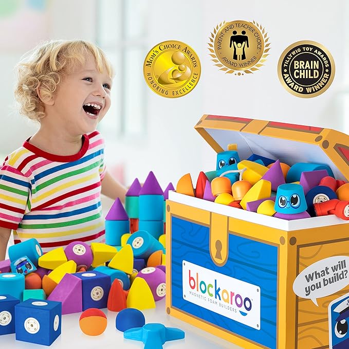 Magnetic Foam Building Blocks - 100-Piece Set with Storage Chest, Bath Toys for Toddlers, Preschool Toys, Bathtub Toys, Sensory Toys, Blocks for Toddlers 3-5, Engineering Toys for Kids 3-5