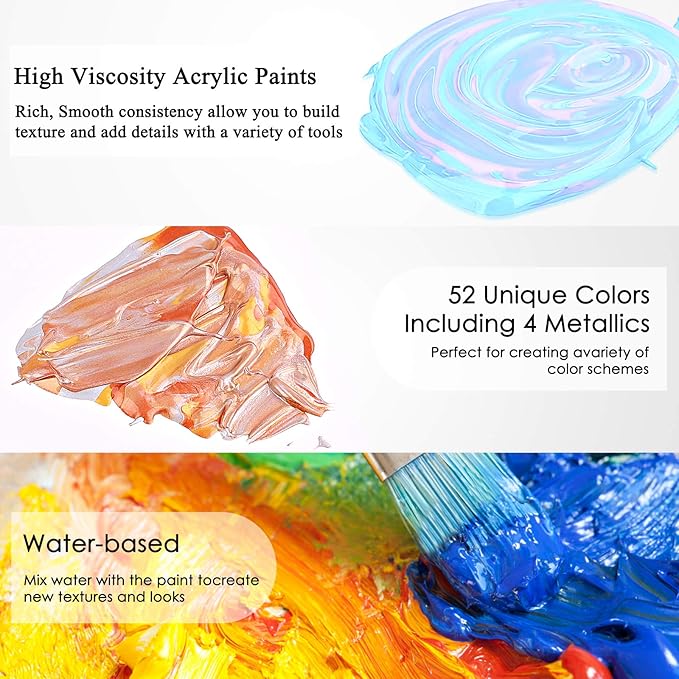 Caliart Acrylic Paint Set with 12 Brushes, 42 Colors (59ml, 2oz) Art Craft Paints Gifts for Artists Kids Beginners & Painters, Halloween Pumpkin Canvas Ceramic Rock Painting Kit Art Supplies