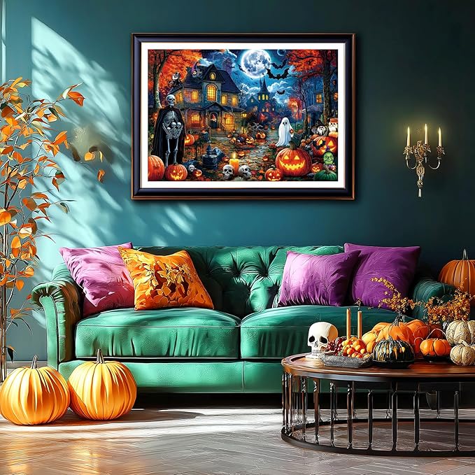 Halloween Night Puzzles for Adults 1000 Pieces Haunted Mansion Scene Jigsaw Puzzles with Full Moon, Horror House Ghosts Challenging Unique for Adults & Families