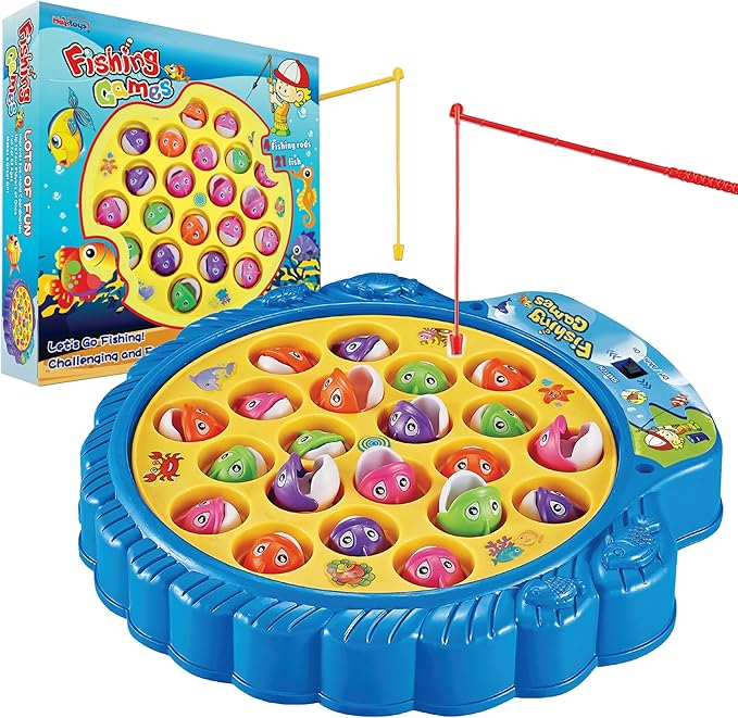 Haktoys Fishing Game for Kids & Toddlers – Battery-Operated Rotating Fishing Toy with 21 Fish, 4 Poles & Music On/Off Switch – Fun Educational Board Game for Boys & Girls