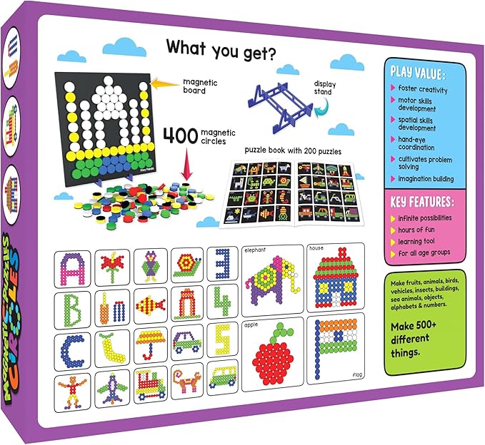 Magnetic Tangram Puzzles Toys for Kids | 400 Magnet Circles Shapes with 200 Patterns Booklet, Board & Display Stand | STEM Educational and Learning Games for Ages 4 5 6+ Years|Gifts for Girls & Boys