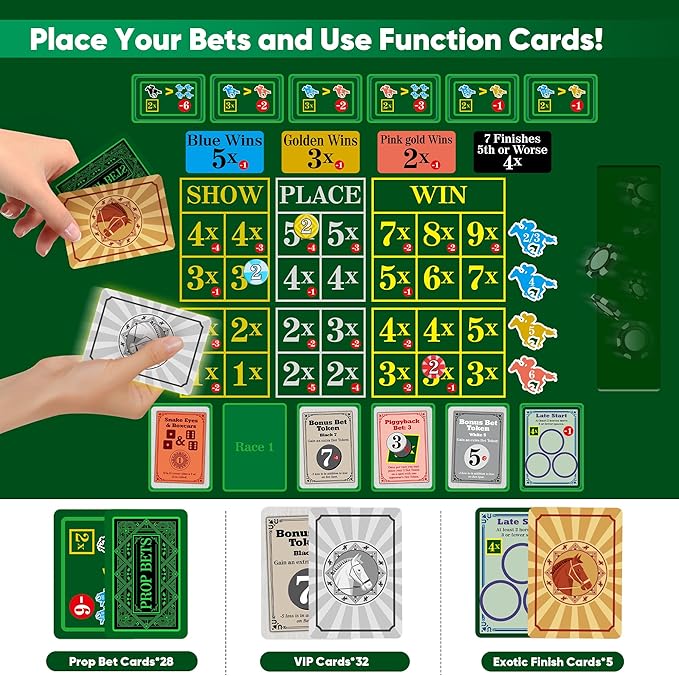 Premium Horse Racing Game with Cards and Dice, Horse Race Betting Board Game for Adult, Thickened Solid Wood with 143 Chips, 9 Metal Horses, Bet Board & Tokens & Cards, Rich Props for Enhanced Fun