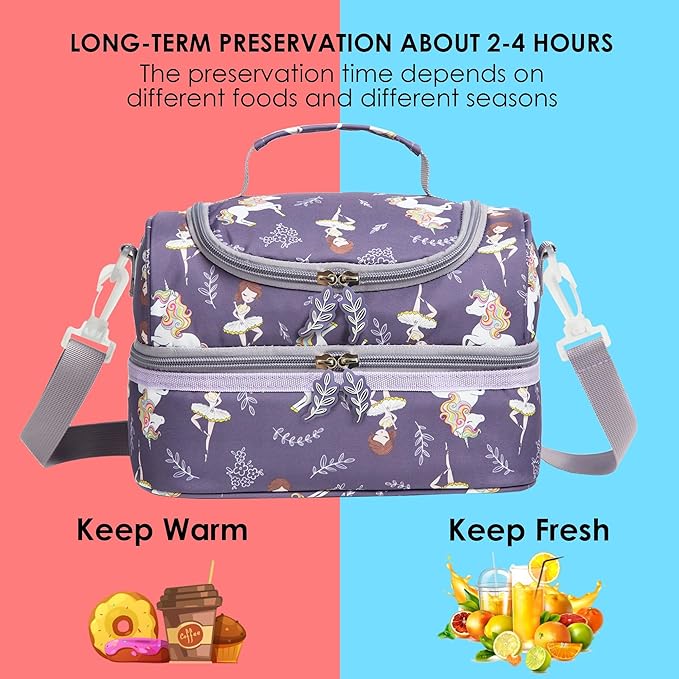 Insulated Kids Dual Compartment Lunch Bag Tote Pack for Girls Boys Toddler Kindergarten School Picnic Food Cooler Hot Water Ice with Strap (Ballet Dancer)
