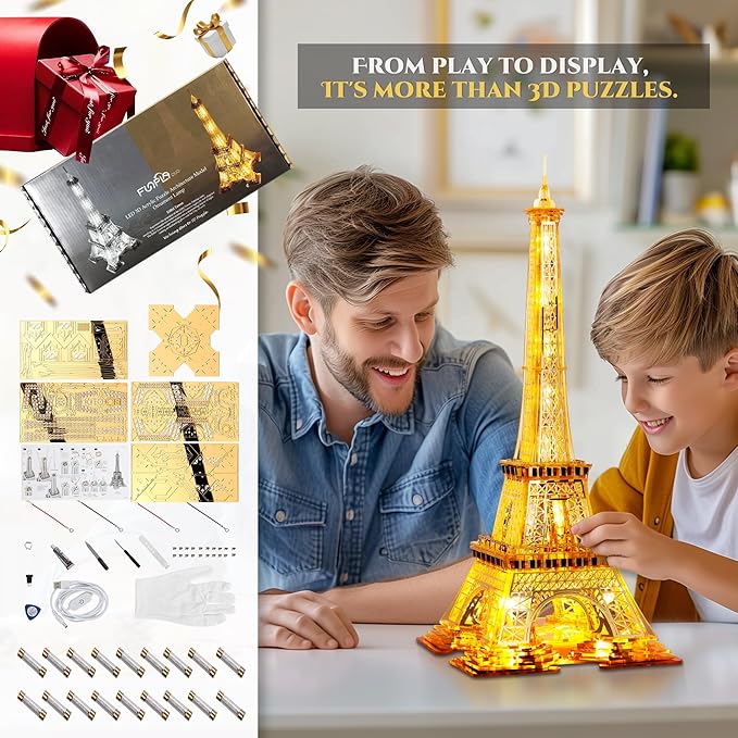 LED 3D Puzzle Eiffel Tower Building Model - 3D Architecture Building Model - Landmark of Paris at Night - 3D Acrylic Puzzle Décor Lamp DIY Ornament Nightlight(Large,Gold)