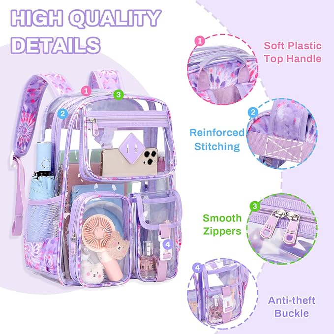 Clear Backpack for School,Heavy Duty PVC Transparent Bookbag for Girls Stadium Approved See Through Backpack