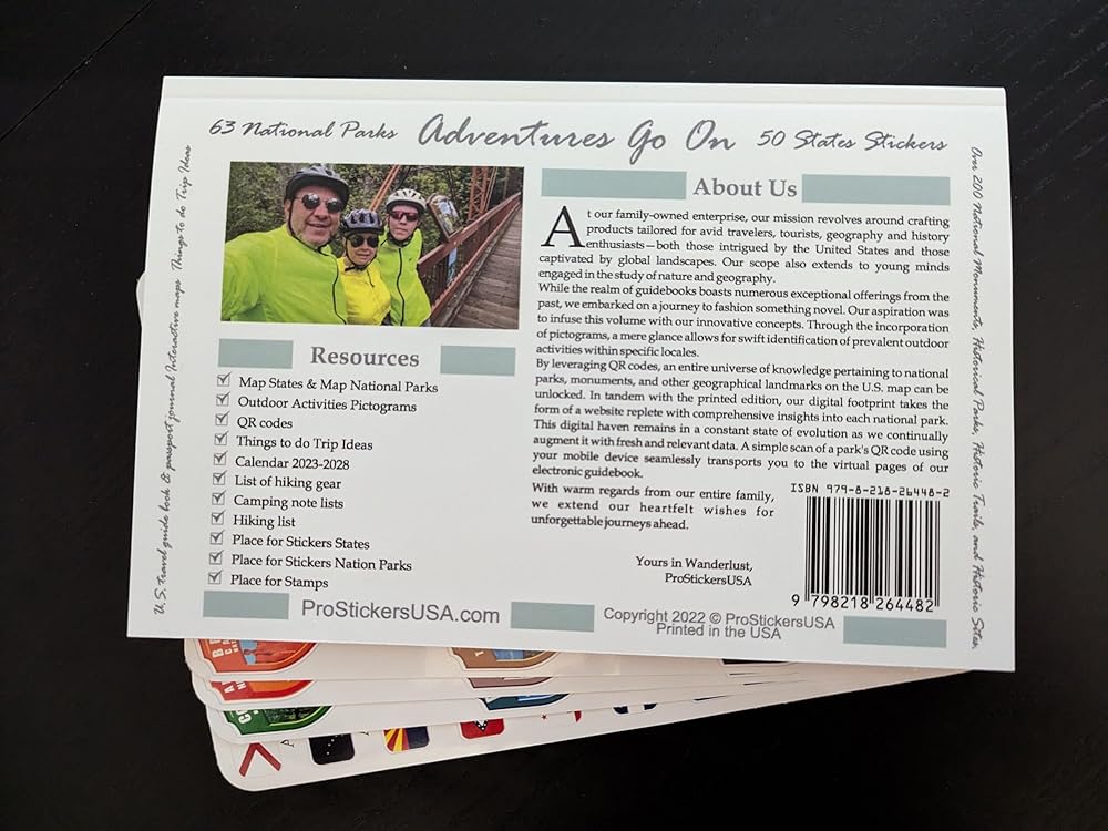 Adventures Go On. The BOOK is a guide to the National Parks of the United States of America with complete stickers for all 63 US National Parks. (Black/White Book)