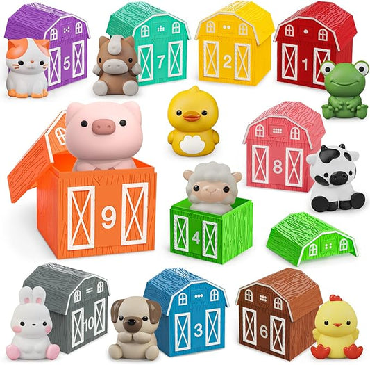 Learning Toys for 1 2 3+ Year Old Toddlers, 20pcs Farm Animals Barn Toys Finger Puppets for Kids,Montessori Counting Matching & Color Sorting Toy Set,Easter Christmas Birthday Gift for Baby Boys Girls