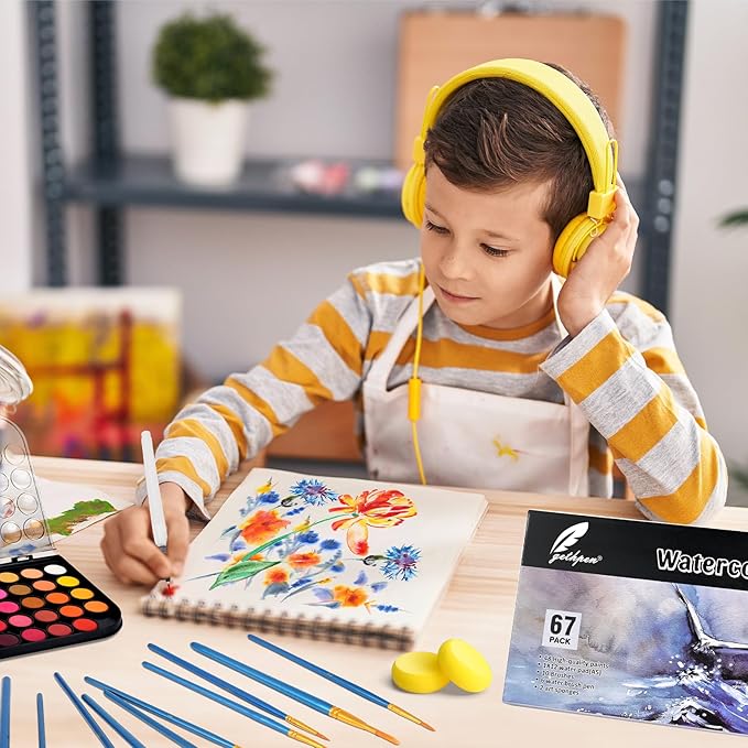 Watercolor Paint Set, 48 Color Watercolor with 10 PCS Nylon Brushes,6 PCS Refillable Water Brush Pen, 12 Page Pad and 2 PCS Art Sponges. Watercolor Paint set for Adults,Children and Beginners