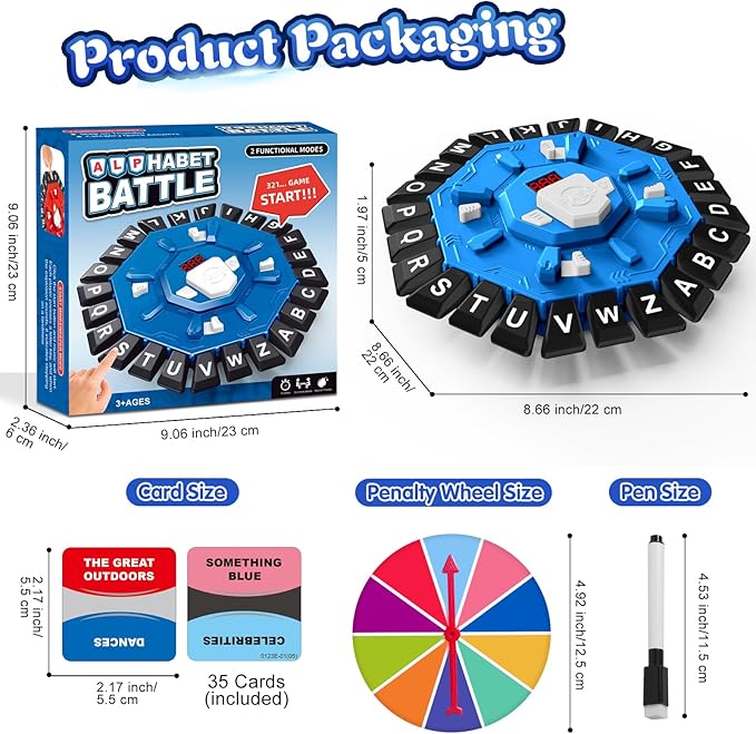 Family Board Word Games for Kids & Adults w/Display Timer, Fast Paced 24-Letter Learning Party Card Game with Spinning Penalty Wheel, 2 Modes & 220 Topics, Xmas & Birthday Gifts, Blue
