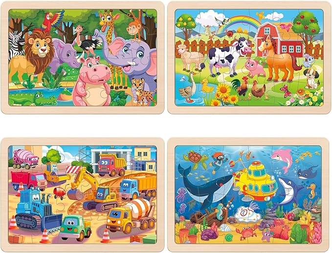Wooden Puzzles for Kids Ages 4-6, 4 Packs 24 PCs Jigsaw Puzzles Preschool Educational Toys Gifts for Children Ages 3-8, Kids Puzzle for 3+ Year Olds Boys Girls